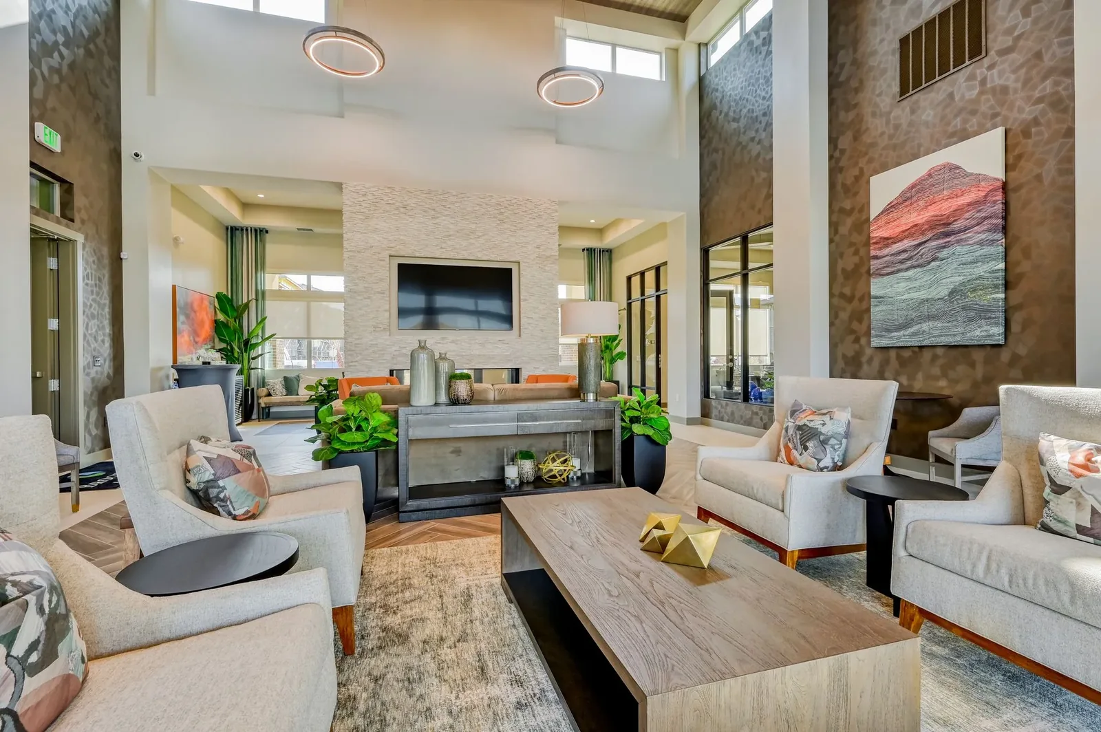 Brookfield clubhouse lounge with tall ceilings and contemporary furnishings