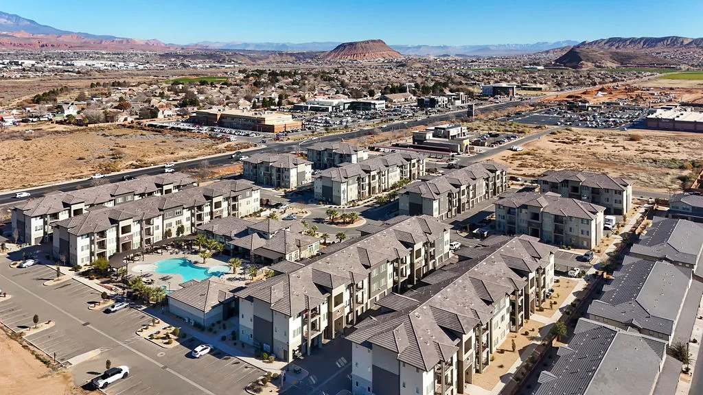 Aerial view of Brookfield’s completed apartment community and the surrounding St. George landscape