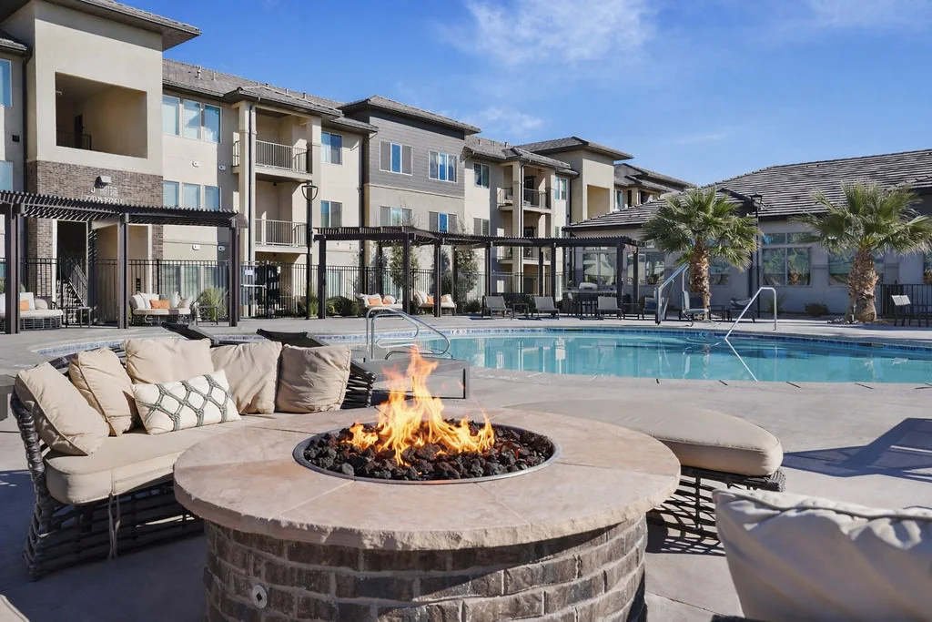 Brookfield outdoor lounge and fire pit beside the pool