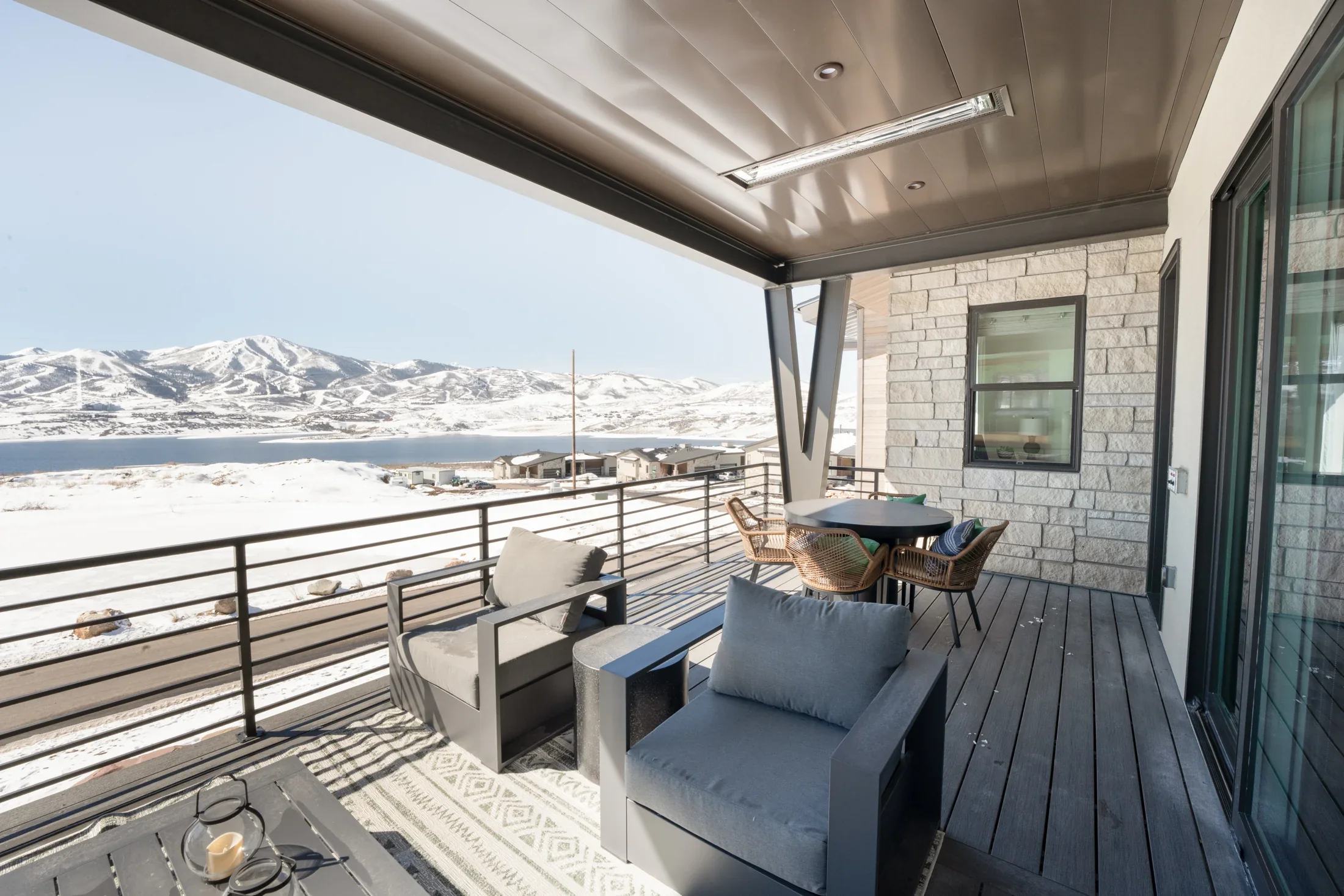 Covered deck of the Phase III Skyline model overlooking Jordanelle Reservoir